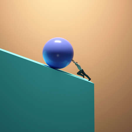 Man pushing a sphere on uphill close to the edge . Financial problems and struggle concept . This is a 3d render illustration .の写真素材