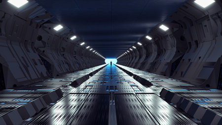 Dark sci fi tunnel with neon lights . Futuristic and fantasy concept . This is a 3d render illustration .の写真素材