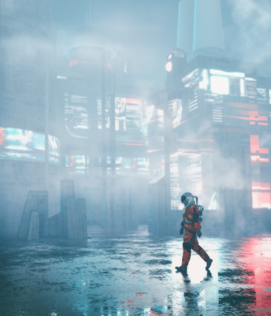 Cosmonaut walks in a dystopian city . Futuristic and sci fi concept . This is a 3d render...