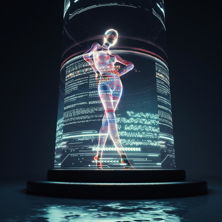 Futuristic woman and hologram data information . Meta verse and future technology concept . This is a 3d render illustration .の写真素材