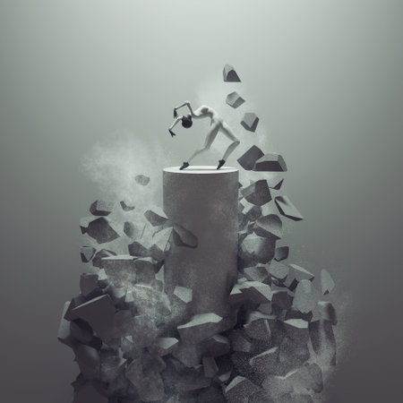 Woman posing on top of piedestal and rocks flying arround . Powerful mind and confidence concept . This is a 3d render illustration .の写真素材