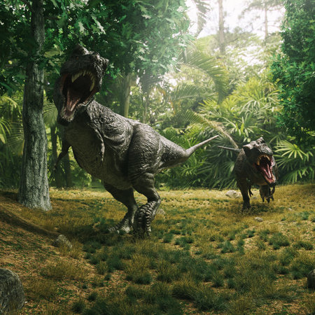 T rex in the jungle . This is a 3d render illustration .の写真素材