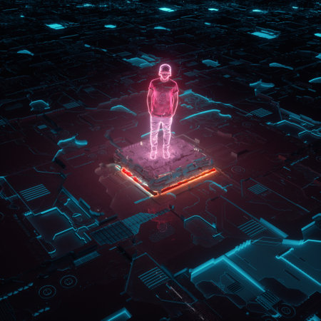 Hologram standing on circuit board and neon lights . Virtual reality and metaverse concept . This is...