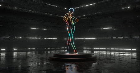 Colorful hologram of a woman on a dark background . Futuristic innovation and virtual reality concept.This is a 3d render illustration .の写真素材