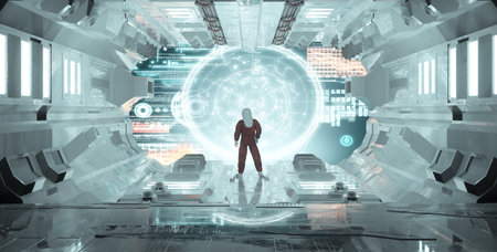 Astronaut standing in front of a screen with data information . Futuristic data analysis . This is a...
