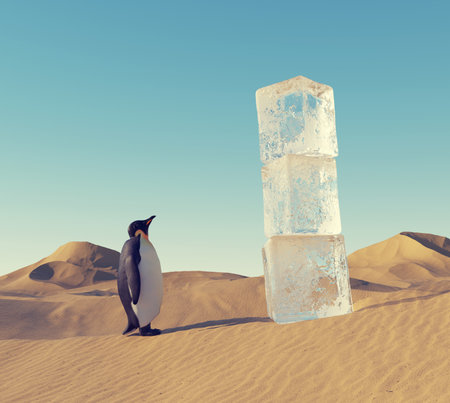 Penguin in the desert looks up at ice cubes. Global warming and impossible concept . This is a 3d render illustration .の写真素材