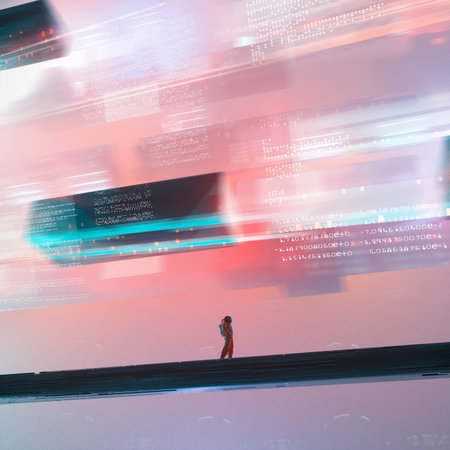 Cosmonaut in a futuristic dystopian city . Sci fi and virtual reality concept . This is a 3d render illustration .の写真素材