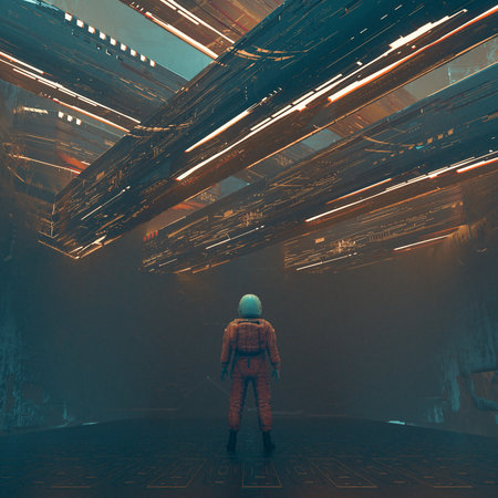 Astronaut standing in a futuristic city with neon lights . Future technology and meta concept . This...