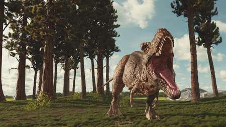 T rex in the wilderness . This is a 3d render illustration .