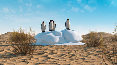 Penguins in the desert . Global warming concept . This is a 3 d render illustration .の写真素材