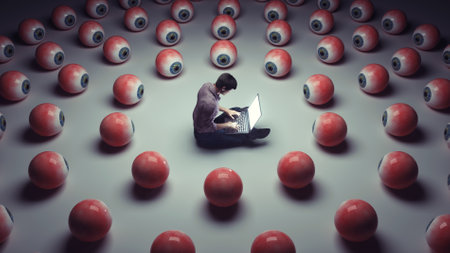 Man working on laptop while eyes are watching . Social media reach and target audience concept ....