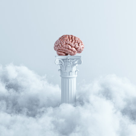Human brain o a piedestal and clouds . Growth mindset and dream big concept . This is a 3d render illustration.の写真素材