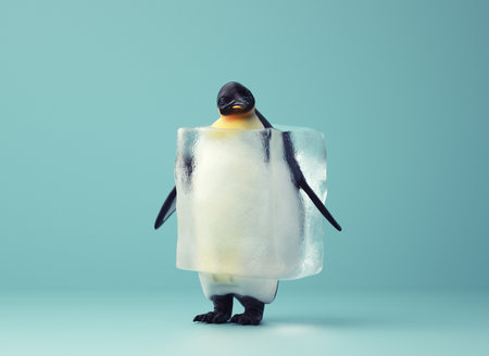 Penguin inside an ice cube . This is a 3d render illustration.の写真素材