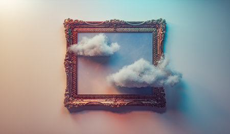 Two clouds gets out of a paint frame . Surrealism and dreaming concept . This is a 3d render illustration.の写真素材