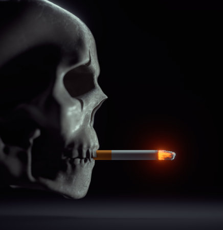 Human skull smoking a cigarette . Smoke addiction concept . This is a 3d render illustration.の写真素材