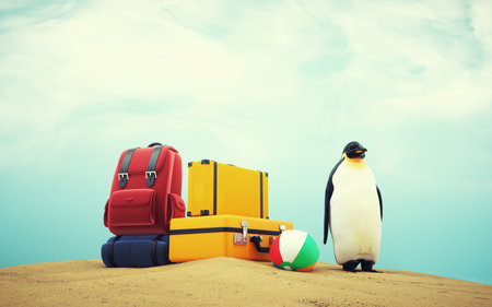 Penguin with a lot of luggage at the beach . Travel and vacation concept . This is a 3d render illustration .の写真素材