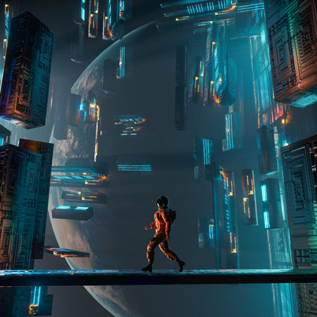 Astronaut walks on futuristic structure in the space . Sci fi and futuristic concept . This is a 3d render illustration.の写真素材