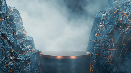 3d stage podium between dark rocks . This is a 3d render illustration .の写真素材