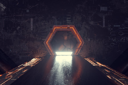 Futuristic interior of a hall to a gate. Sci fi fantasy concept . This is a 3d render illustration .の写真素材