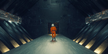 Astronaut walks in a futuristic dark room . This is a 3d render illustration .の写真素材