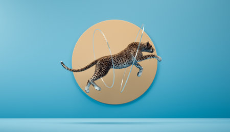 Abstract cheetah jumping on studio background . Joyful and unique concept . This is a 3d render illustration .の写真素材