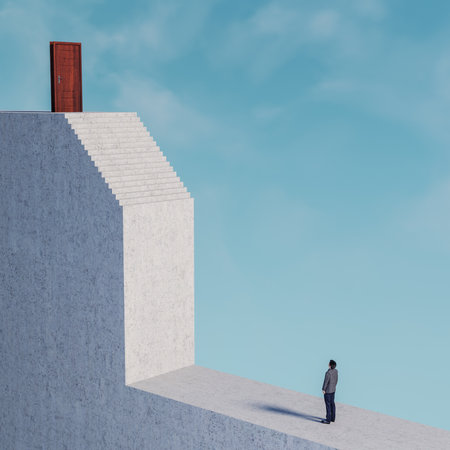 Man looks up at a door on top of a stairs . Overcome obstacles and risk taking concept . This is a 3d render illustration .の写真素材
