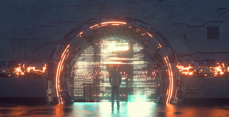 Man looks at a high tech portal with data information . Futuristic and sci fi concept . This is a 3d...