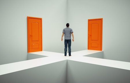 Man standing at intersection between two doors . Opportunity and choice concept . This is a 3d render illustration.の写真素材