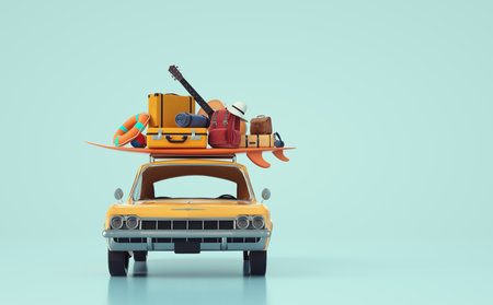 Small retro car with baggage and luggage on the roof. Ready for vacation concept . This is a 3d render illustration.の写真素材