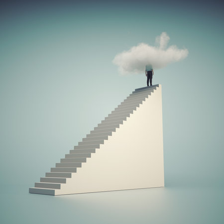 Man on top of stairs with a cloud . Dream big and self development concept . This is a 3d render illustration.の写真素材