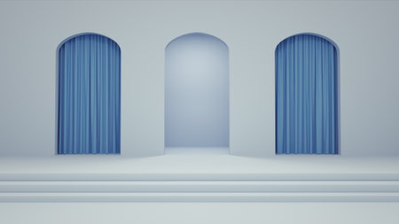 Three doors with curtains and one open. Opportunity and decisions concept. This is a 3d render illustration.の写真素材