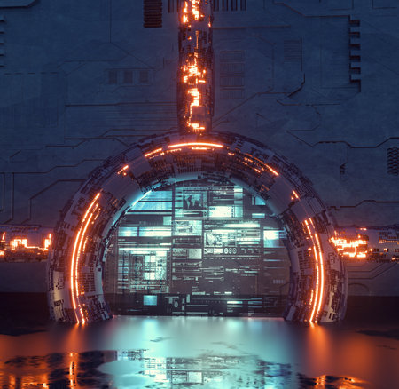 Futuristic room with screen displaying data and neon lights . Sci fi background . This is a 3d render illustration.の写真素材