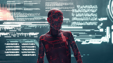 Futuristic robot in front of data screen . Meta verse and virtual reality concept . This is a 3d...