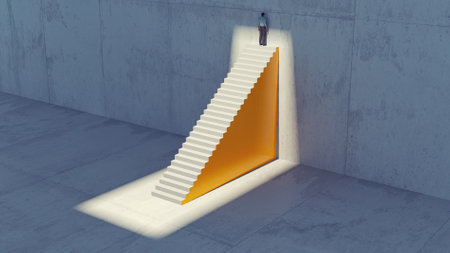 Man on top of stairs in front of a wall . Failure and escape concept . This is a 3d render illustration.の写真素材