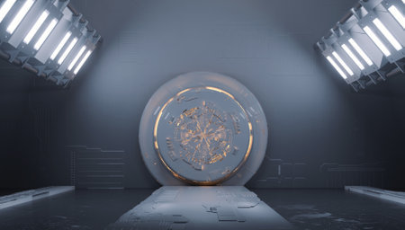 Space station with a gate and spotlights . Futurism and technology innovation concept . This is a 3d...