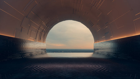 Futuristic tunnel to the sky . Imagination and future technology concept . This is a 3d render illustration.の写真素材