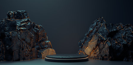 3d stage podium between dark rocks . This is a 3d render illustration .の写真素材