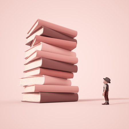 Man looks up at a stack of books . Self development and improvement concept . This is a 3d render illustration.の写真素材