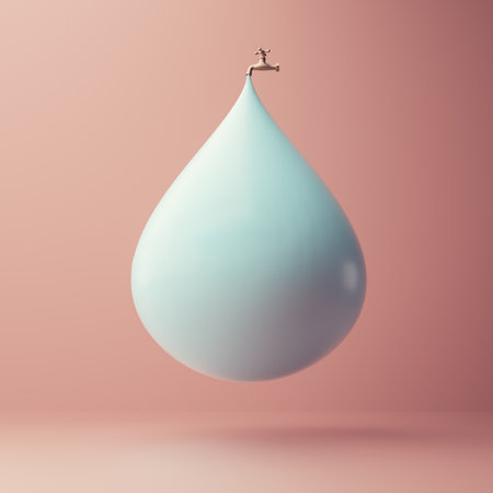 Small faucet with a huge drop of water . Investment and profit concept . This is a 3d render illustration.の写真素材