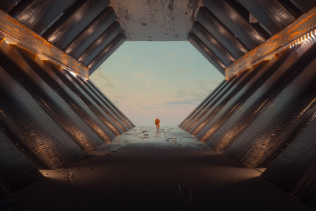 Astronaut walks in a space station to the sky . Futuristic and sci fi concept . This is a 3d render illustration.の写真素材