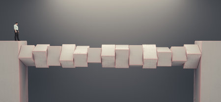 Man looks at a risky road to get over an obstacle . Risk taking and journey concept . This is a 3d render illustration .の写真素材