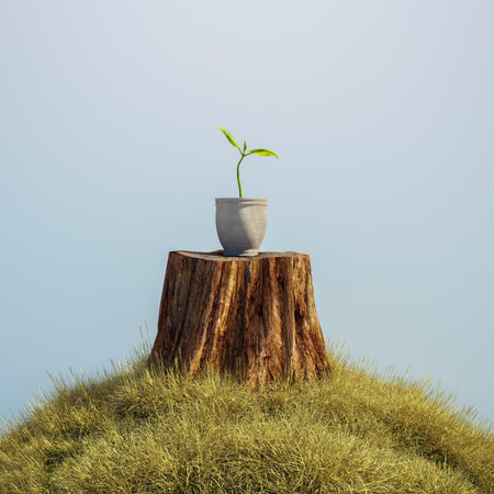 Log with a small plant growing over it . Starting over and believe in the process concept . This is...