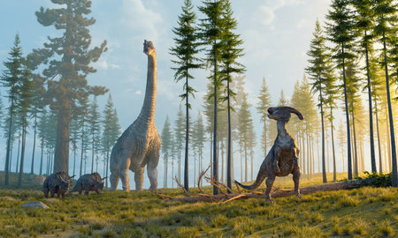 Dinosaurs in the nature at mountains . This is a 3d render illustration.の写真素材