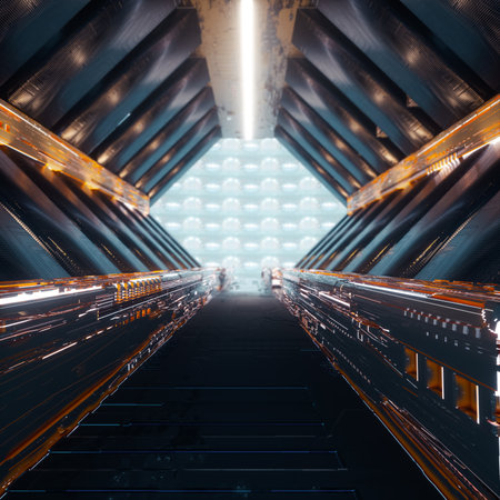 Futuristic tunnel with lights . Future technology and machine learning concept . This is a 3d render illustration.の素材