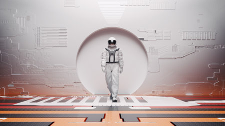 Astronaut in a futuristic building . Artificial intelligence and virtual reality concept . This is a 3d render illustration.の写真素材