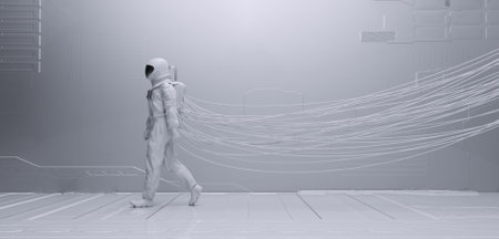 Astronaut walks in a room plugged to many wires . Networking and virtual reality concept . This is a 3d render illustration.の写真素材