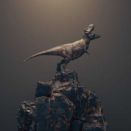 Conceptual T rex standing on top of a rock . Jurassic park and paleontology concept . This is a 3d render illustration .の写真素材