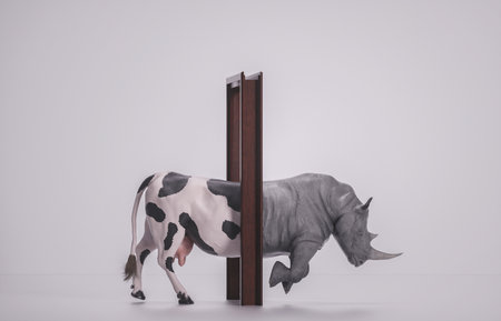 Cow gets through a door and comes out as a rhino . Changing mindset and different approach concept . Life changing decision and new opportunities . This is a 3d render illustration .の写真素材