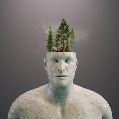 Conceptual man with half head and a small forest on it . Wanderlust and travel concept . This is a 3d render illustration.の写真素材