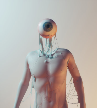 Surreal headless man with a floating eye . Mental illness and personality concept . This is a 3d render illustration .の写真素材